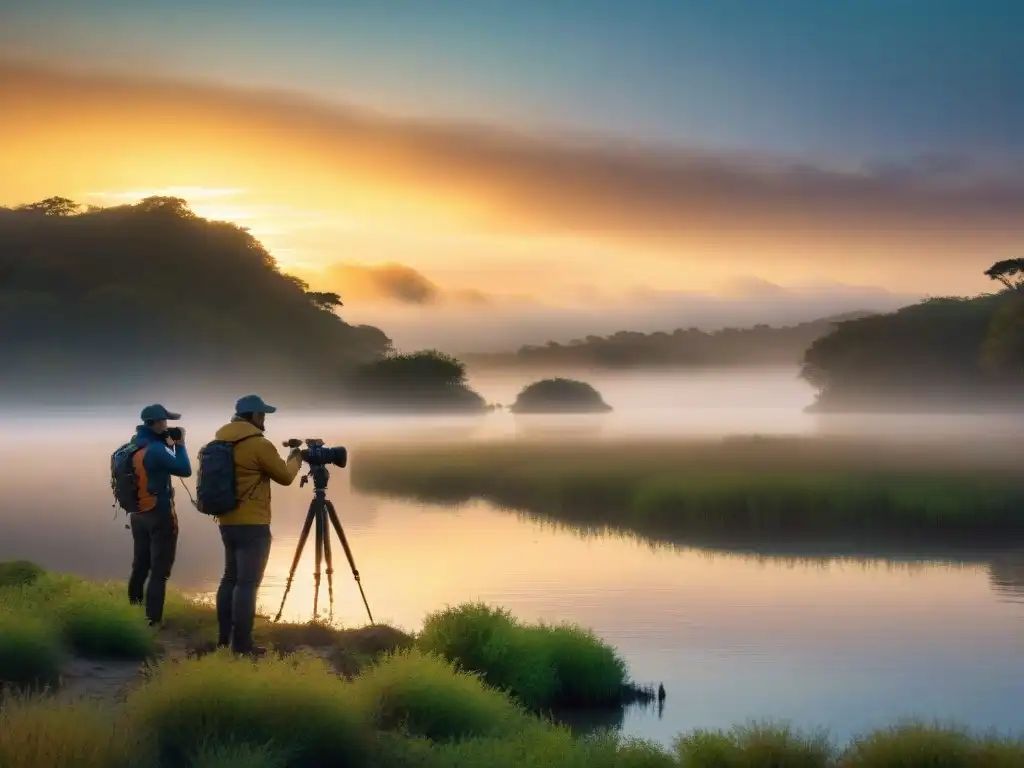 Fotógrafos preparando sus equipos al amanecer en Laguna de Rocha, creando una atmósfera serena y enfocada