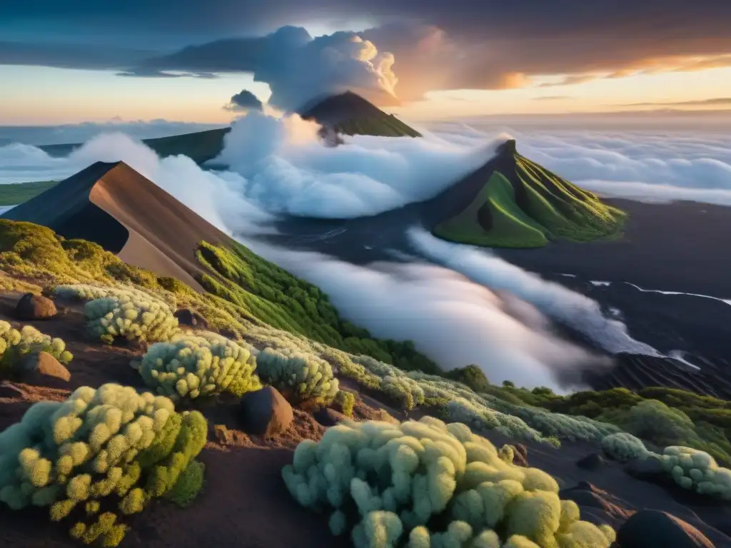 Fotógrafos capturando la esencia de los paisajes volcánicos en Uruguay, entre formaciones rocosas y exuberante vegetación, bajo un cielo dramático