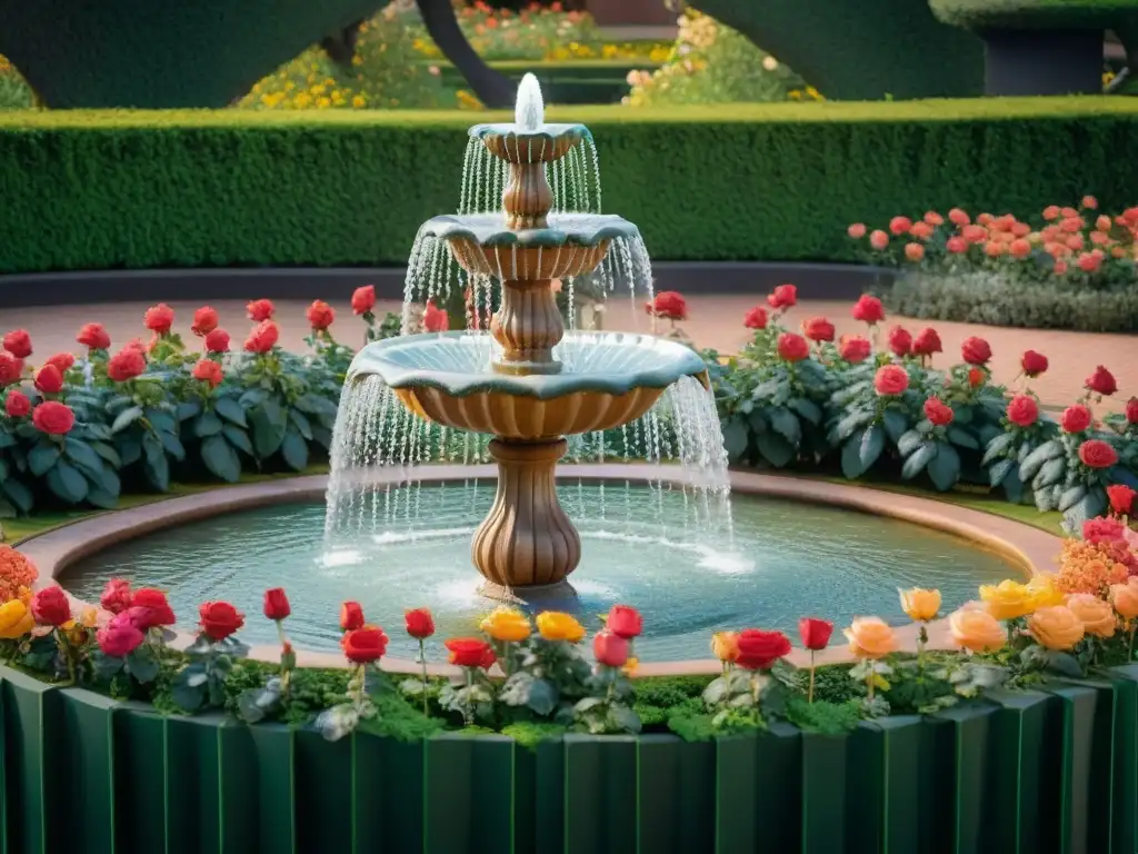 Fuente del Jardín de Rosas en el Paseo por el Prado Montevideo, rodeada de naturaleza exuberante y colores vibrantes