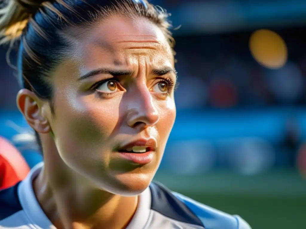 Fútbol femenino en Uruguay: La jugadora enfocada, con determinación y pasión, en un momento crucial del partido, rodeada de una multitud animada