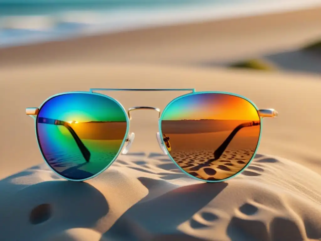 Unas gafas de sol de alta calidad con detalles intrincados, reflejando lujo y durabilidad en una playa de Uruguay