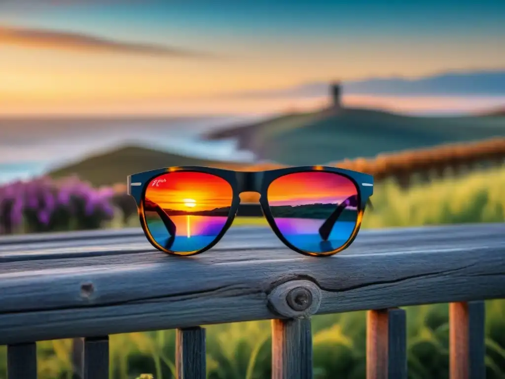 Gafas de sol para Uruguay: atardecer reflejado en lentes sobre poste de madera en la costa, mezcla de estilo y protección