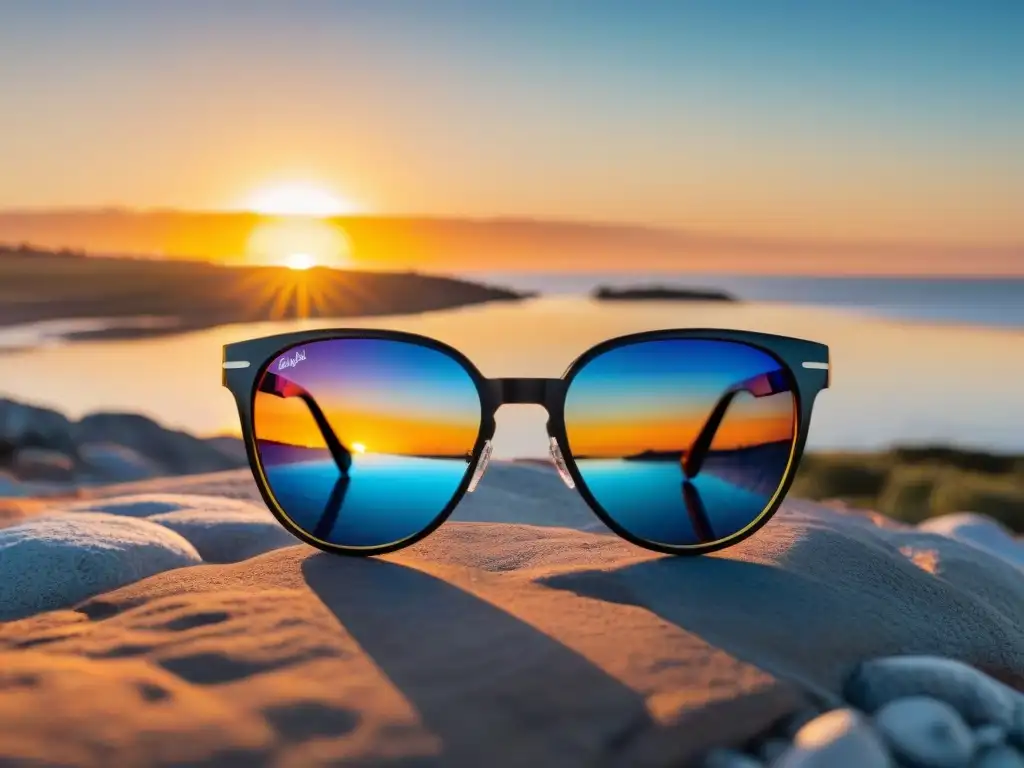 Gafas de sol para Uruguay: reflejo de atardecer en Punta del Este con lentes polarizadas y paisaje costero vibrante