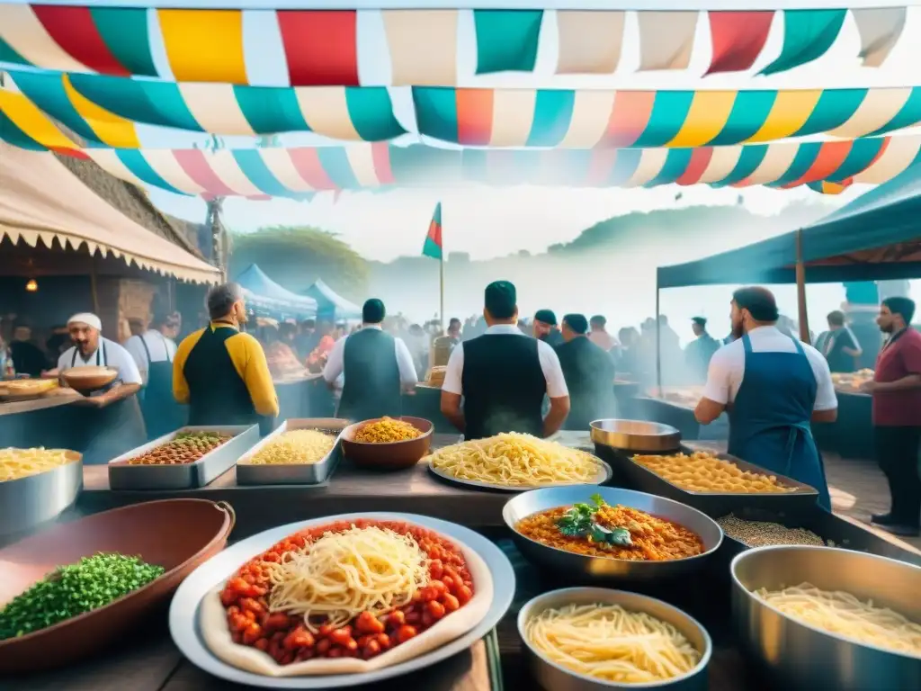 Celebración gastronómica uruguaya con influencia italiana: banderas, chefs, comida y música en festival al aire libre