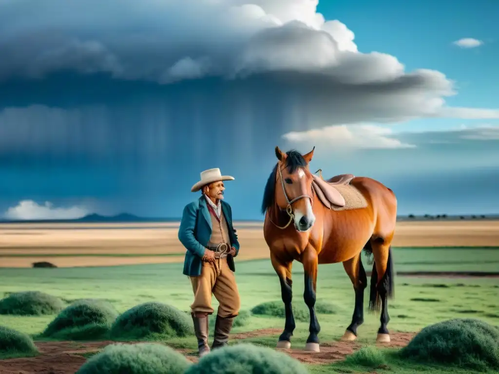 Un gaucho anciano y su caballo en las vastas llanuras de Uruguay, reflejando la tradición del gaucho en Uruguay