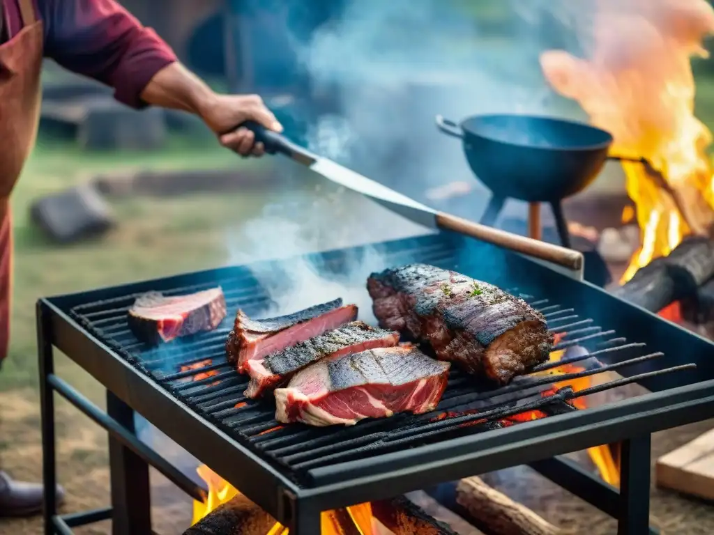 Un gaucho preparando un asado uruguayo tradicional en el campo, destacando la conexión con la gastronomía y el turismo en Uruguay