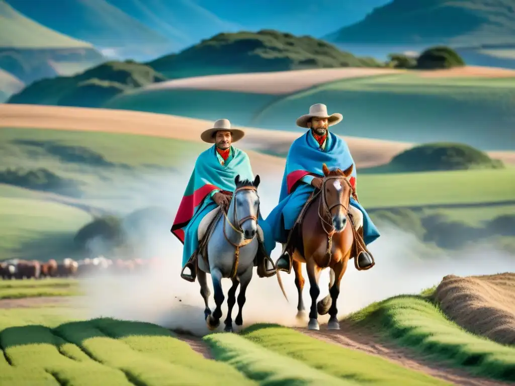 Gaucho coloridos cabalgan en la Fiesta Patria Gaucha Uruguay, rodeados de naturaleza y tradición