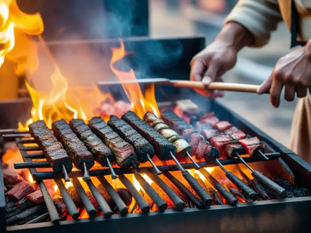 Un gaucho experimentado preparando la parrilla uruguaya con destreza, revelando los secretos de la parrillada uruguaya