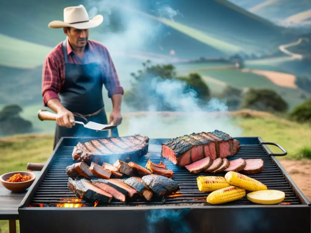 Un gaucho experto preparando un asado tradicional uruguayo en un paisaje campestre