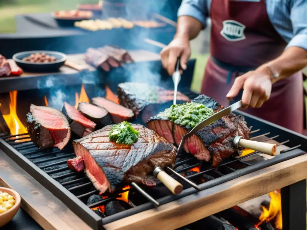 Un gaucho experto prepara carne uruguaya con pasión en un tradicional asado