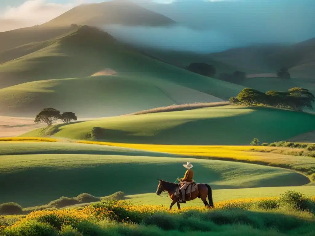 Un gaucho en Uruguay hereda ganado entre colinas verdes salpicadas de flores silvestres al atardecer