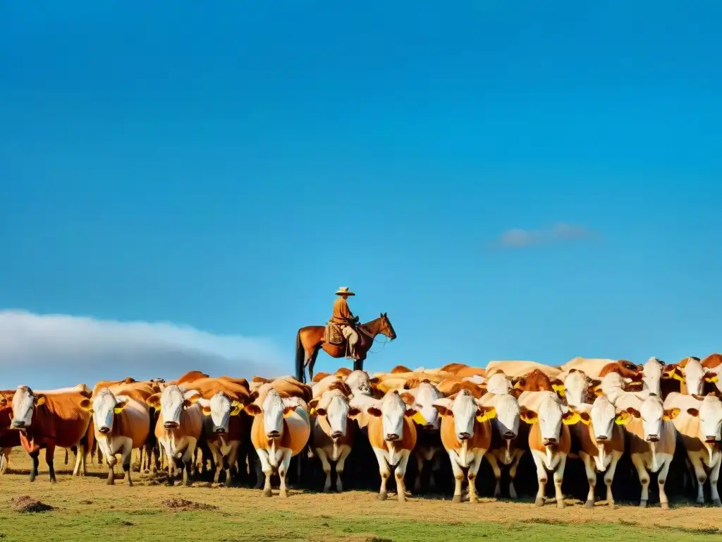 Un gaucho conduciendo ganado en la extensa llanura dorada de Uruguay