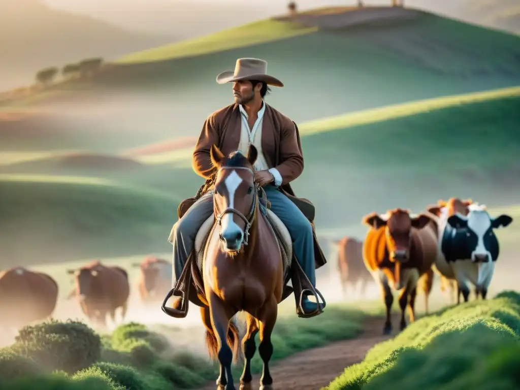 Un gaucho montado en su caballo guía el ganado al atardecer en una estancia uruguaya, capturando experiencias auténticas