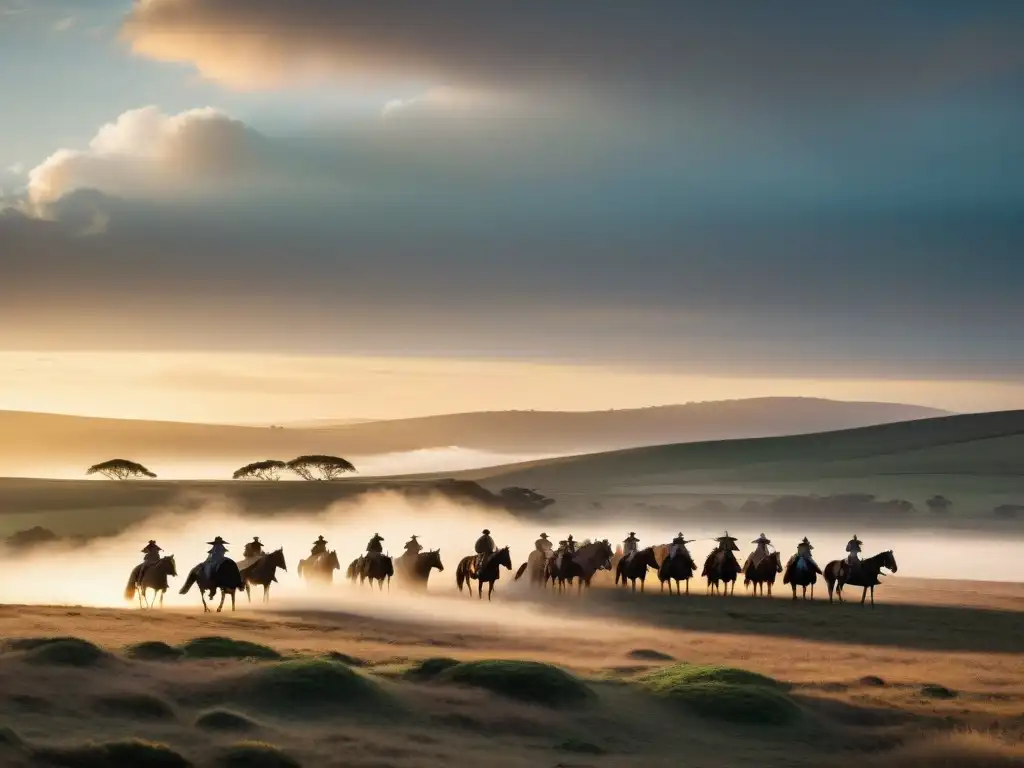 Un gaucho solitario con su caballo y ganado al atardecer en las llanuras de Uruguay