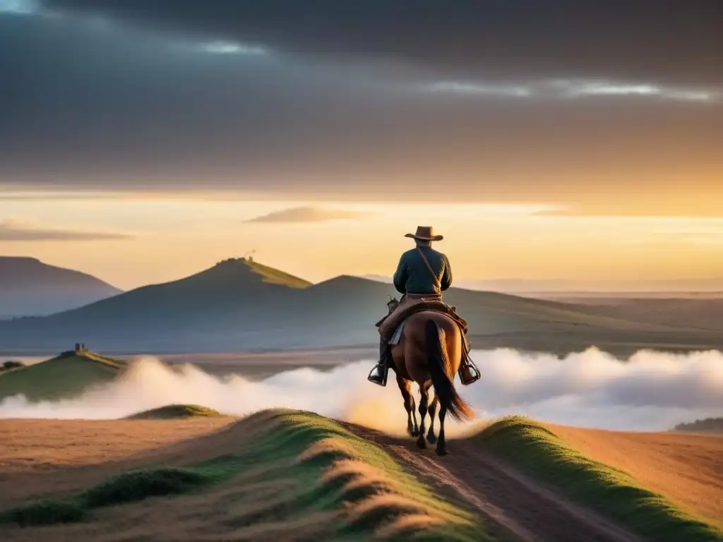 Un gaucho solitario a caballo en la puesta de sol dorada de las llanuras de Uruguay