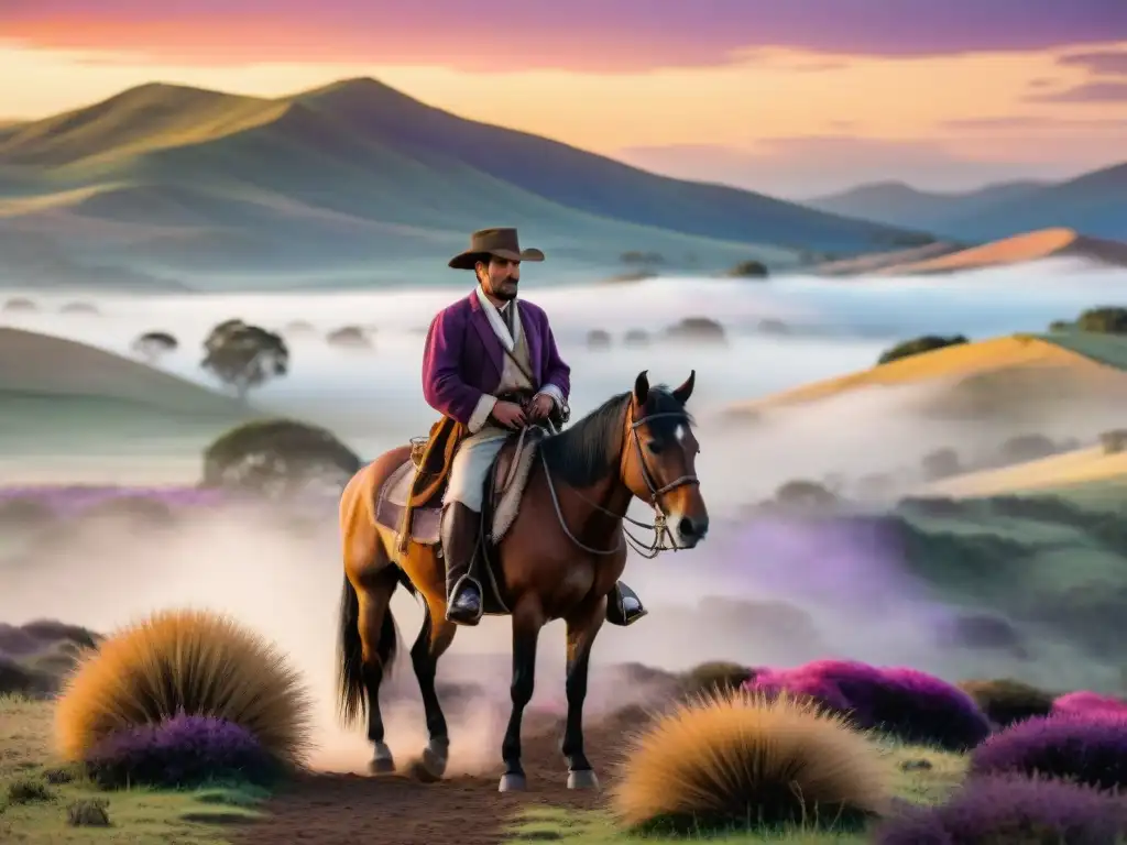 Un gaucho solitario a caballo en la vasta y agreste campiña uruguaya al atardecer, conectando con la literatura gauchesca Uruguay