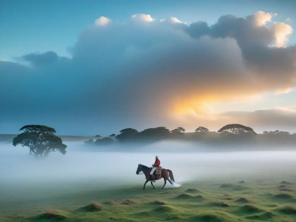 Un gaucho solitario cabalga en las llanuras doradas de Uruguay, envuelto en la mística niebla