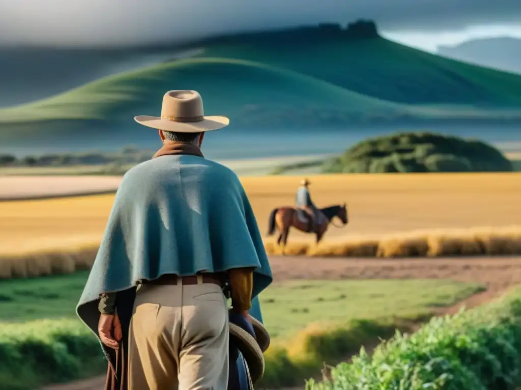 Un gaucho tradicional en Uruguay junto a su caballo en los campos dorados