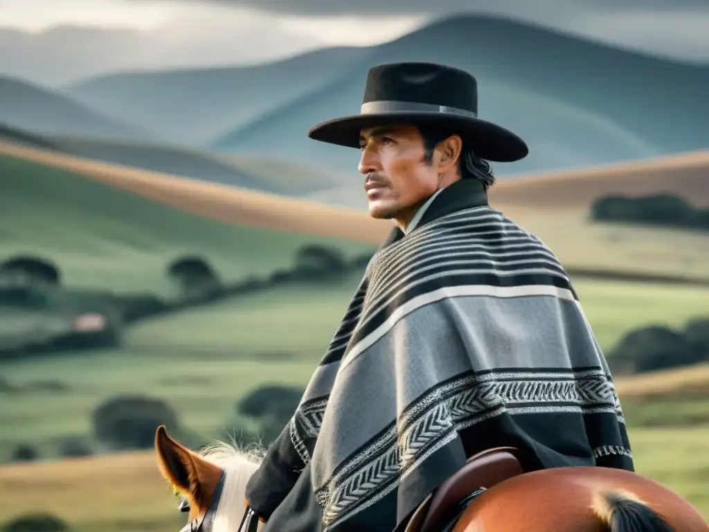 Un gaucho tradicional uruguayo en su caballo, mirando el horizonte en la vasta campiña