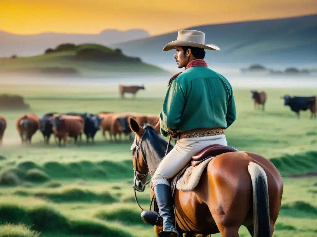 Un gaucho tradicional uruguayo en el Prado, heredando ganado al atardecer