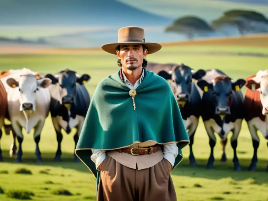 Un gaucho tradicional de Uruguay en las vastas llanuras verdes, rodeado de ganado