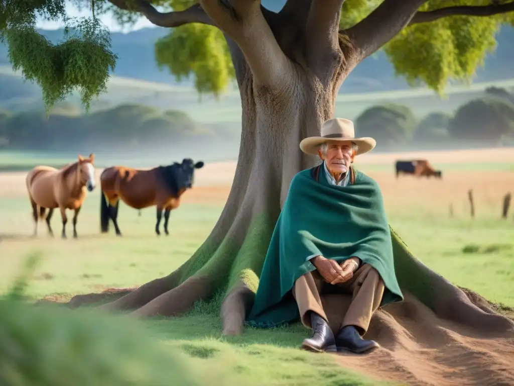 Un gaucho uruguayo anciano disfruta un momento sereno bajo un árbol, rodeado de pastizales verdes y ganado