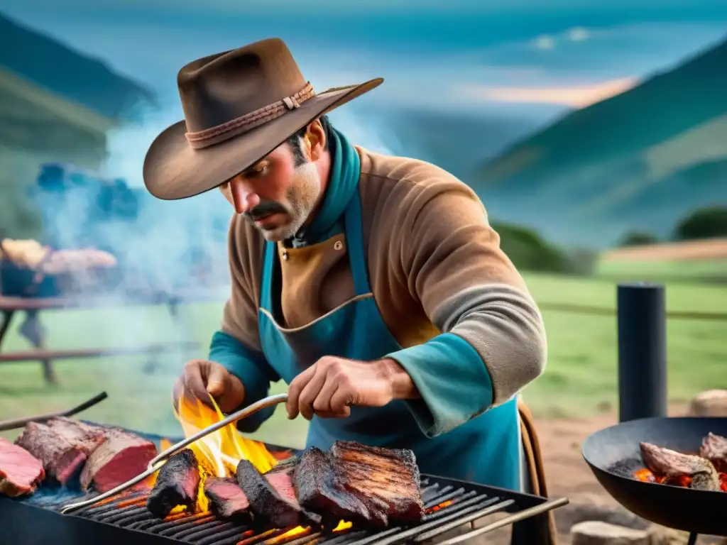 Un gaucho uruguayo preparando un asado sobre llama abierta en las colinas, evocando la tradición del asado uruguayo