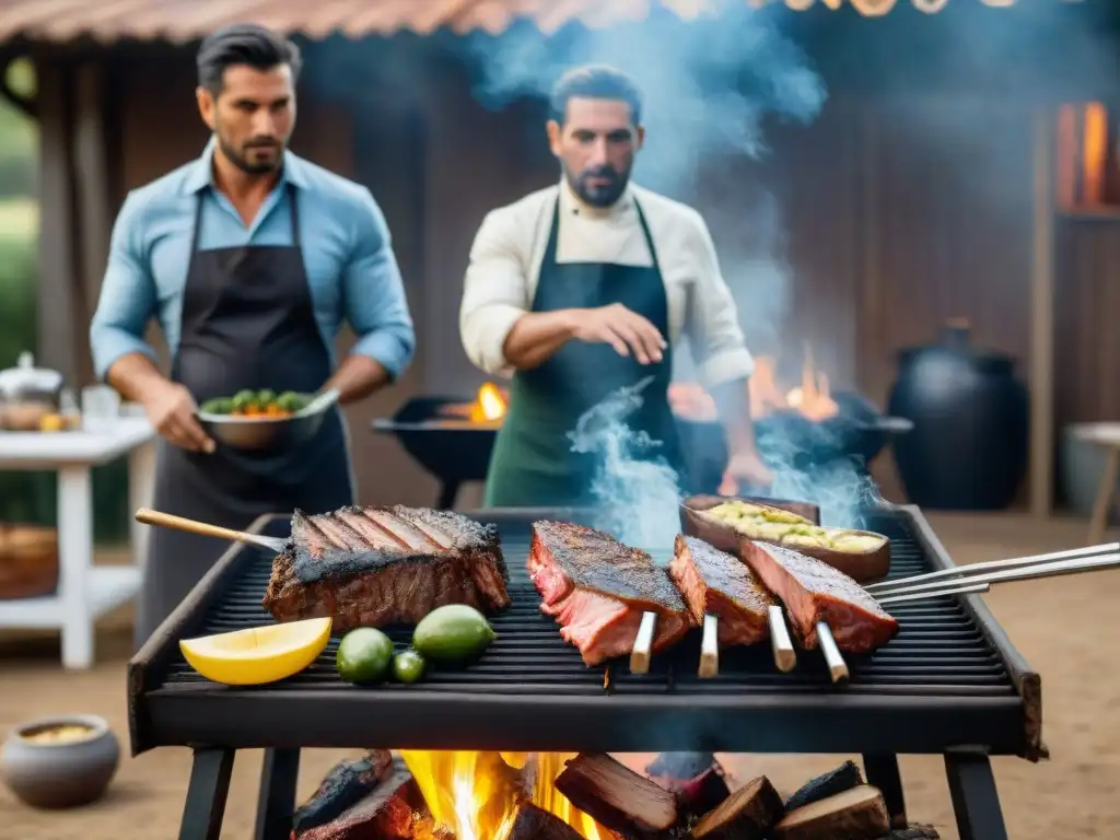 Un gaucho uruguayo preparando un asado al aire libre, destacando las influencias europeas en la cocina uruguaya