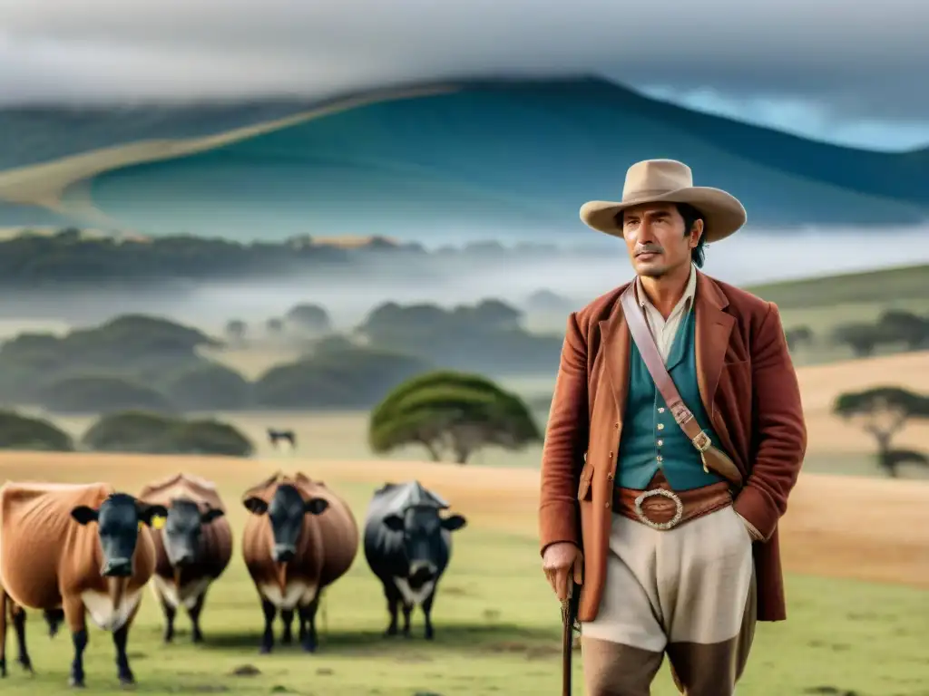 Un gaucho uruguayo en su atuendo tradicional junto al ganado en las llanuras doradas