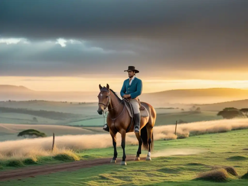 Un gaucho uruguayo en su caballo al atardecer, reflejando la vida gaucha en Uruguay en una fotografía