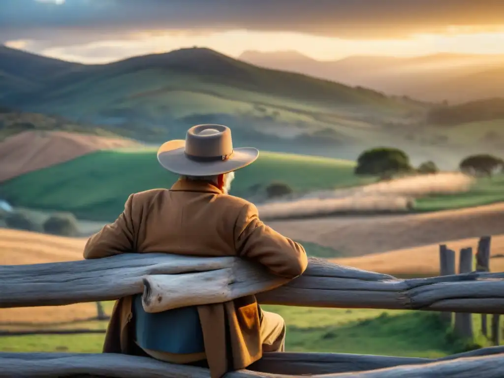 Un gaucho uruguayo, con su caballo, mira el atardecer en las colinas