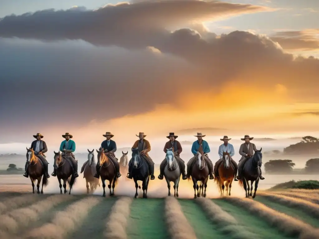 Gaucho uruguayo en atardecer épico Un gaucho uruguayo en su caballo al atardecer en las llanuras de Uruguay