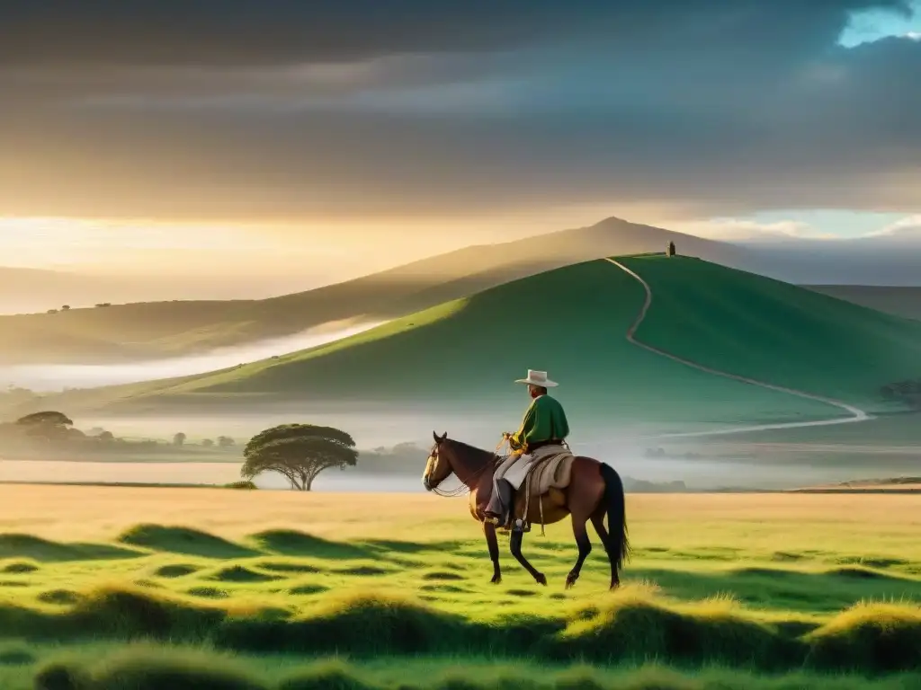 Un gaucho uruguayo montando a caballo al atardecer en las llanuras verdes de Uruguay