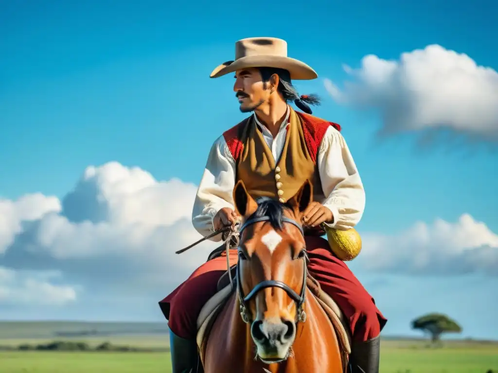 Un gaucho uruguayo en su caballo, vistiendo atuendo colorido, en las llanuras de Florida, Uruguay