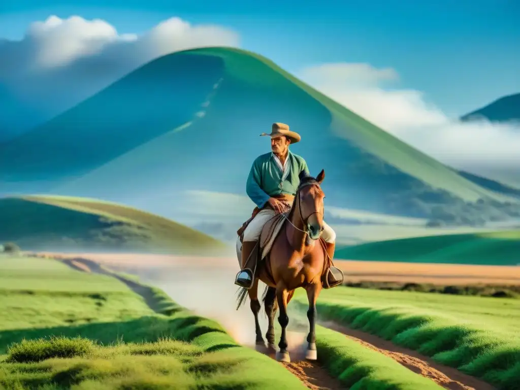 Un gaucho uruguayo montando a caballo en las extensas llanuras verdes de Uruguay, reflejando la conexión con la tierra y la cultura de Uruguay