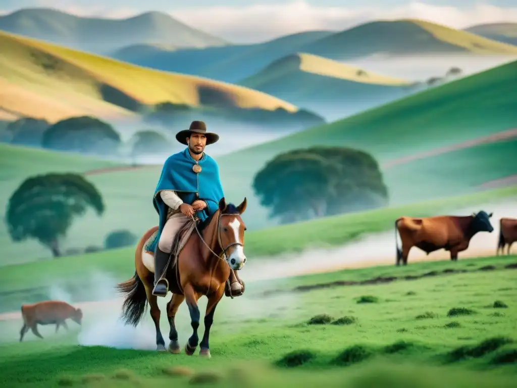 Un gaucho uruguayo en su caballo, pastoreando ganado en el paisaje campestre