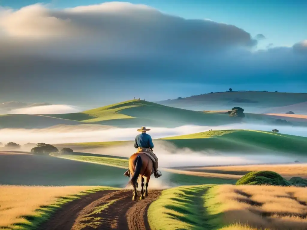 Un gaucho uruguayo montando a caballo en las llanuras doradas