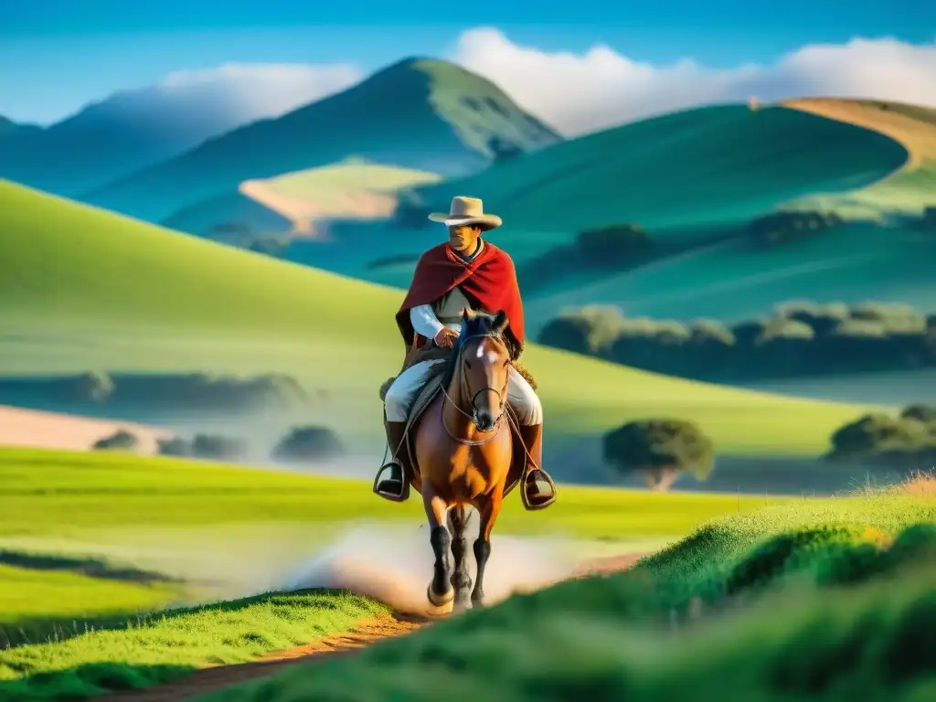 Un gaucho uruguayo monta a caballo en un paisaje rural, con colinas verdes y cielo azul