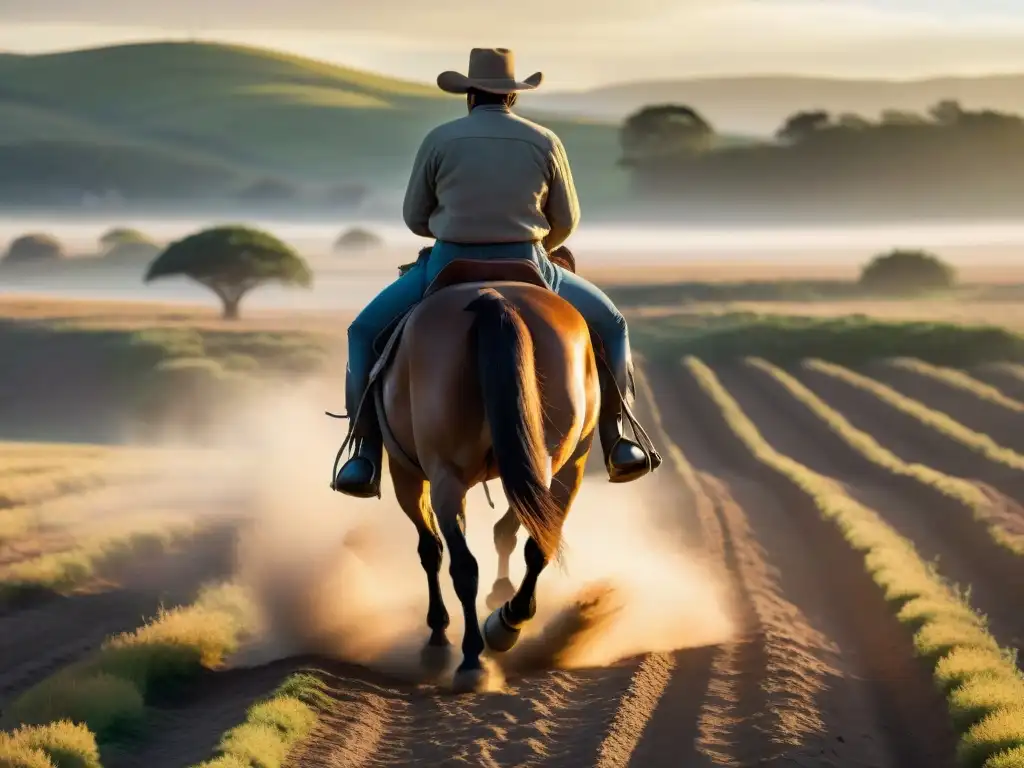 Un gaucho uruguayo montando a caballo en las vastas llanuras, con luz dorada y polvo levantado