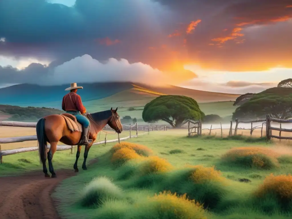 Un gaucho uruguayo cuida de sus caballos al atardecer en la pampa