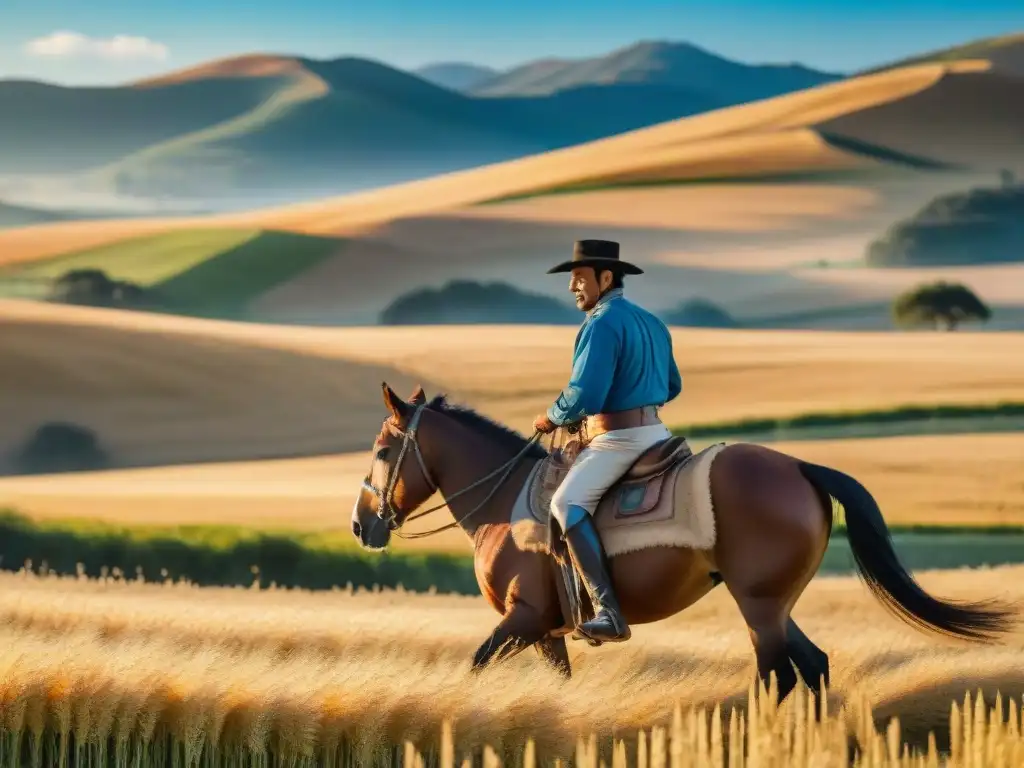 Un gaucho uruguayo cabalga por un campo de trigo dorado bajo cielo azul