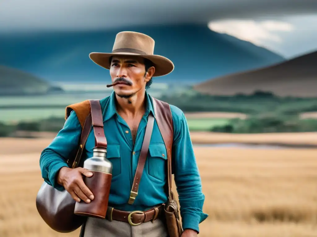Gaucho uruguayo: tradición y modernidad en un solo vistazo Un gaucho uruguayo contrasta cantimploras con sistemas de hidratación modernos en paisaje campestre