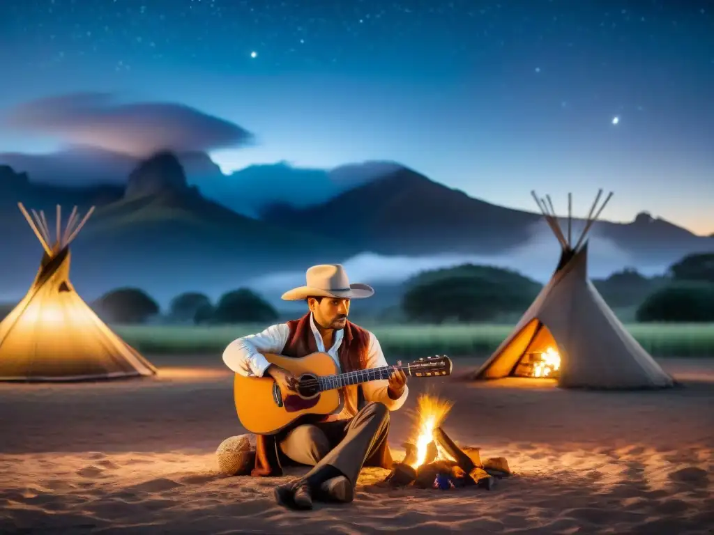 Un gaucho uruguayo toca la guitarra bajo un cielo estrellado, rodeado de fogatas, en un entorno campestre