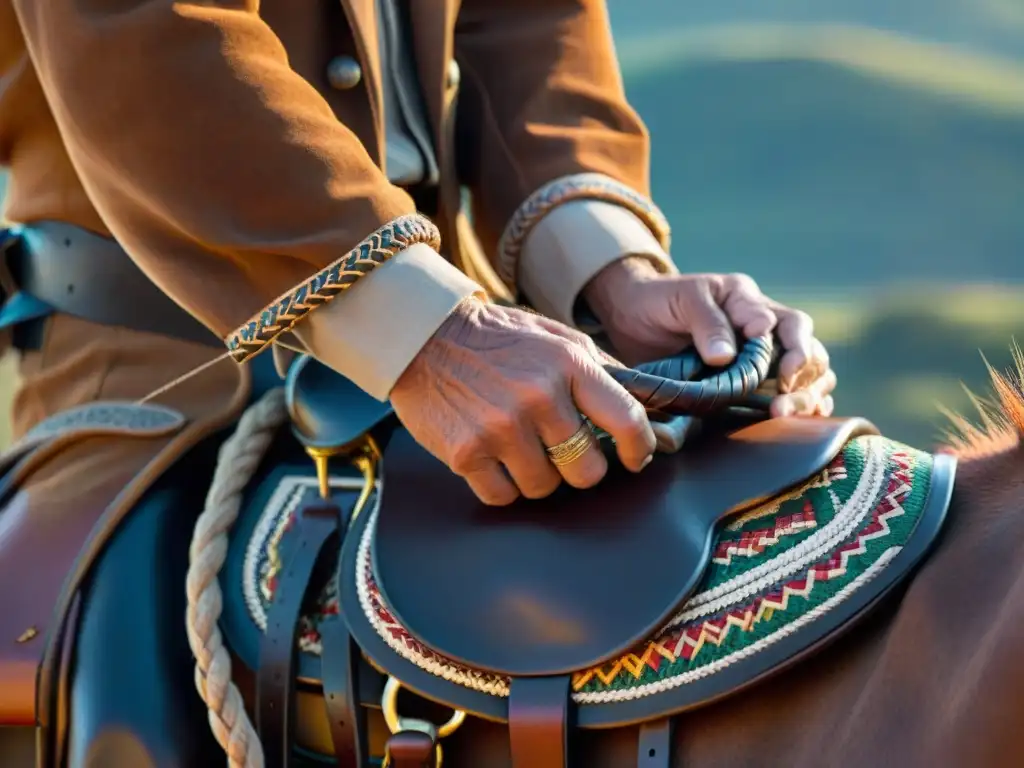 Un gaucho uruguayo experto trenzando las riendas de una silla de montar, mostrando detalles únicos y la vida gaucha en Uruguay fotografía