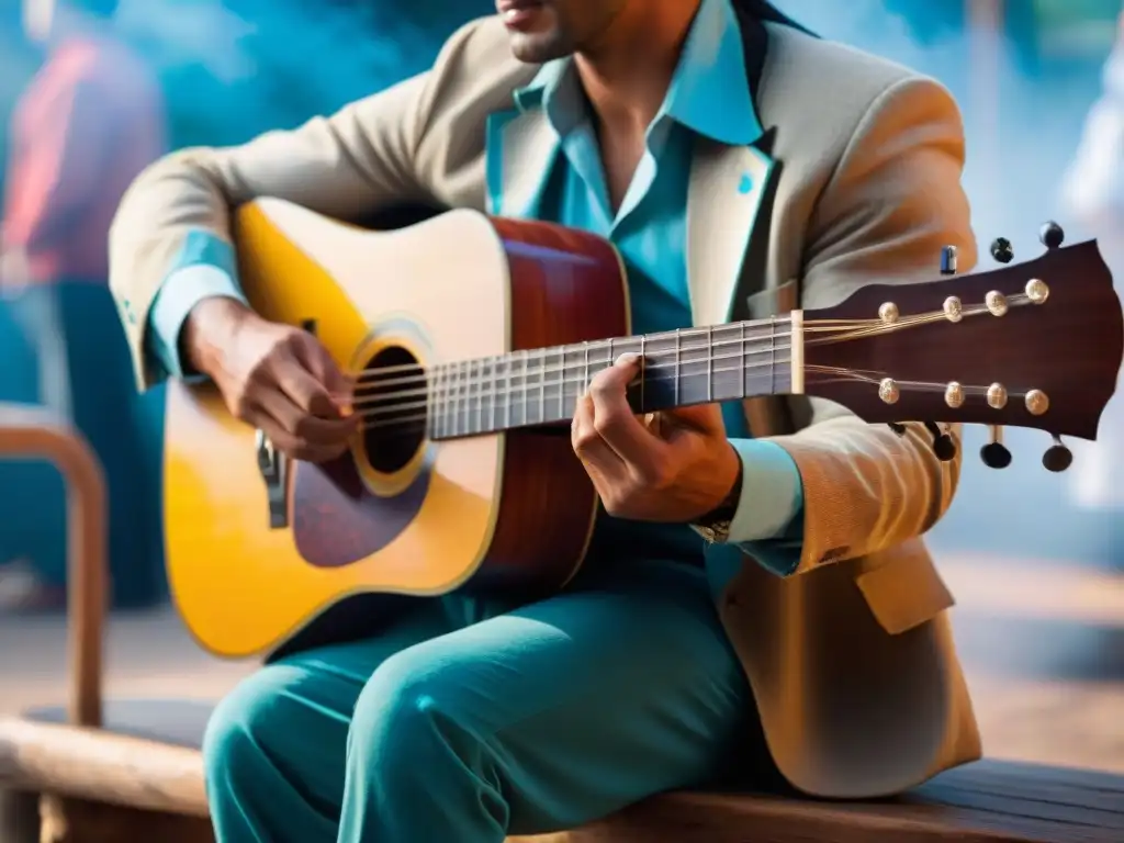 Un gaucho uruguayo tocando su 'cuatro' en un festival local vibrante