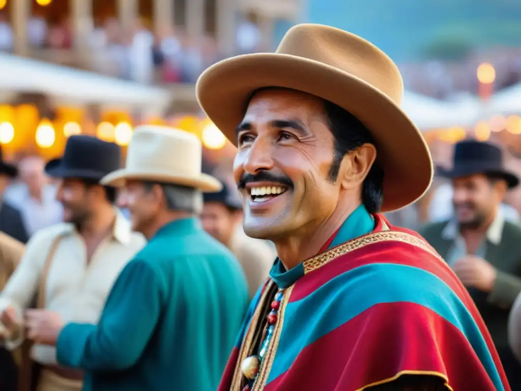 Un gaucho uruguayo bailando con pasión en la Fiesta de la Patria Gaucha Uruguay, rodeado de color y energía festiva