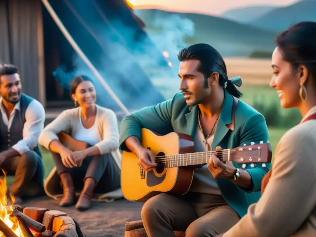 Un gaucho uruguayo tocando guitarra alrededor de fogata en ecolodge, con viajeros cautivados