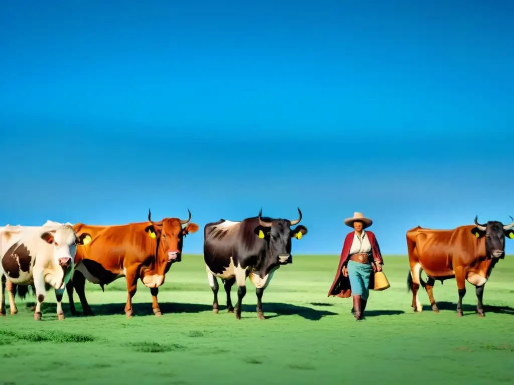 Un gaucho uruguayo conduciendo ganado en las extensas llanuras verdes de Uruguay bajo un cielo azul claro