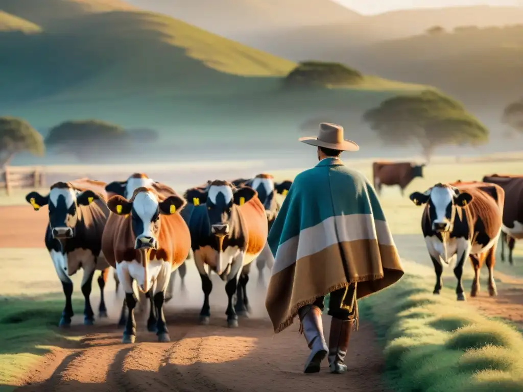 Un gaucho uruguayo cuida su ganado en las extensas llanuras, reflejando la tradición cultural uruguaya en una serena puesta de sol dorada