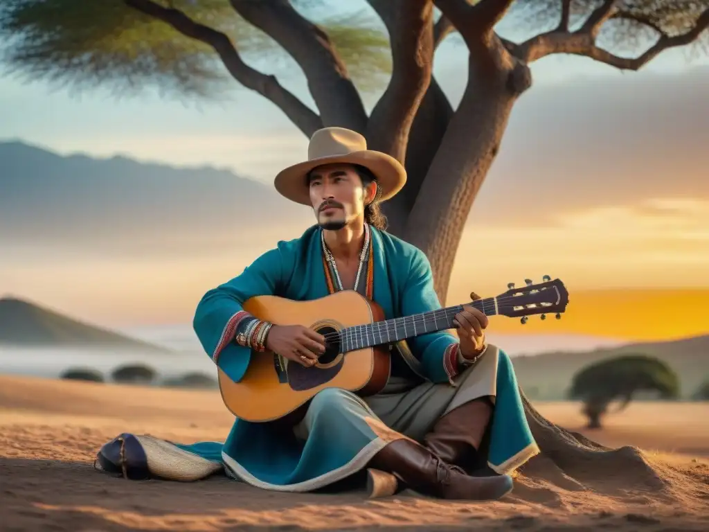 Un gaucho uruguayo tocando la guitarra bajo un árbol al atardecer en Melo, Uruguay